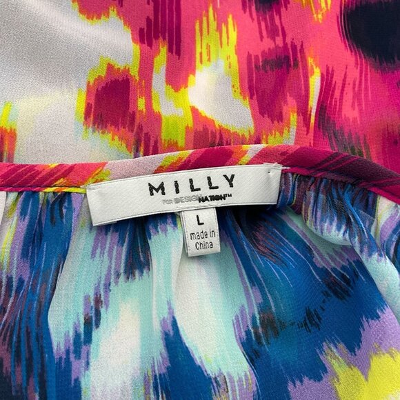 MILLY for Designation Tie Front Ruffled Bell Sleeve Chiffon Tie Dye Top Large - Picture 6 of 8
